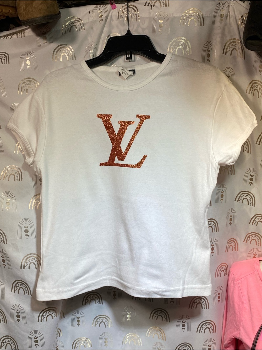 Joe Boxer White Short Sleeve Tee with Orange Glitter LV Logo